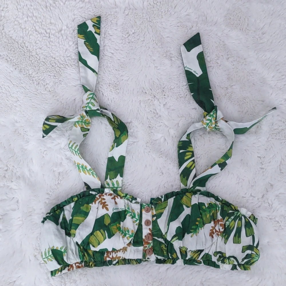 FARM Farmrio Green Leaf Print Crop Top, 100%Linen ,Size XL